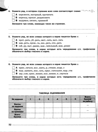 4. Укажите ряд, в котором строение всех слов соответствует схеме: 1''~х 74 П •
I | А перелесок, нагорный, прочитать
I | Б переход, прокат, разрисовать
I | В выдумка, писать, травяной
Запишите три слова, имеющих такое же строение.
5. Укажите ряд, во всех словах которого в корне пишется буква и.
І | А прот..рать, уб..рать, заст..лать, выч..тать
І | Б зам..реть, прож..чь, зап..рать, отп..рать
І | В еоб..ру, выт..рание, зажигательный, измерение
Запишите три слова, в корне которых есть чередование е/и, графически
обозначьте выбор гласного в корне.
6. Укажите ряд, во всех словах которого в корне пишется буква а.
І | А прикасаться, изложить, р..стение, подр..с
I | Б выр..щивать, излагать, прилагательное, выр..сти
І | В зар..ели, приложение, изложение, к..снуться
Запишите три слова, в корне которых есть чередование а/о, графически
обозначьте выбор гласного в корне.
і
ТАБЛИЦА ОЦЕНИВАНИЯ
№ задания 1 2 3 4 5 6
Всего
баллов
за работу
Баллы
за задание
—
Баллы
за примеры
—
Всего
баллов
32
 