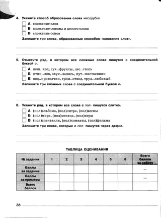 4.Укажите способ образования слова мясорубка.
I |А сложение слов
І |Б сложение основы и целого слова
I |В сложение основ
Запишите три слова, образованные способом «сложение слов».
5. Отметьте ряд, в котором все сложные слова пишутся с соединительной
буквой о.
I I А пеш..ход, сух..фрукты, лес..степь
I | Б птиц..лов, звук..запись, путешественник
□ В вод..проводчик, гром..отвод, трудолюбивый
Запишите три сложных слова с соединительной буквой е.
6. Укажите ряд, в котором все слова с пол- пишутся слитно.
I | А (пол)альбома, (пол)литра, (пол)весны
І I Б (пол)мира, (пол)месяца, (пол)игры
□ в (пол)спектакля, (пол)комнаты, (пол)фильма
Запишите три слова, которые с пол- пишутся через дефис.
ТАБЛИЦА ОЦЕНИВАНИЯ
№ задания 1 2 3 4 5 6
Всего
баллов
за работу ,
Баллы
за задание
Баллы
за примеры
—
Всего
баллов
38
 