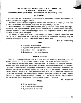 МАТЕРИАЛ ДЛЯ КОНТРОЛЯ УСТНОГО ПЕРЕСКАЗА
И ВЫРАЗИТЕЛЬНОГО ЧТЕНИЯ
Прочитайте текст (по выбору). Перескажите его по данному плану.
ДЕЛЬФИНЫ
Существует много легенд о замечательной сообразительности дельфинов. Об
их общительности и дружелюбии.
Известны рассказы об интересе и любви этих животных к людям, о том, как
дельфины спасали утопающих, помогая им добраться до берега.
Наблюдения над животными показали, что дельфины легко поддаются при­
ручению. Они с увлечением играют в мяч, гоняют его по поверхности бассейна,
бросают в сетку, прыгают через обруч. При виде цирковых трюков дельфинов
зрители замирают от восторга.
Дельфины — дружный народ. С трогательной заботливостью относятся они
друг к другу. Дельфины не думают об опасности и мчатся по первому зову на
помощь товарищу, когда с ним случится беда. (97 слов)
(По И. Орловской)
ПЛАН
1. Легенды о дельфинах.
2. Дружба дельфинов с человеком.
3. Дельфина легко приручить.
4. Дельфины — дружный народ.
ХЛЕБНОЕ ДЕРЕВО
В жарких странах Индийского и Тихого океанов не растут хлебные злаки —
рожь и пшеница. Но вкусный и питательный хлеб здесь растёт на деревьях.
Это хлебное дерево называют артокарпусом. И по виду оно несколько напо­
минает наш дуб. Его плоды достигают размеров человеческой головы, иные име­
ют массу до двадцати килограммов. Причём они растут не только на ветвях, но
и прямо на стволе. Незрелые плоды пекут в золе, как картошку. Однако лишь
зрелые плоды имеют вкус хлеба. Собранный урожай толкут в ступах, замешива­
ют тесто и выпекают на раскалённых камнях лепёшки. Взрослое дерево может
прокормить одного-двух человек в течение года. А плодоносит оно шестьдесят—
семьдесят лет. Действительно, удивительное дерево! (106 слов)
(И з журнала)
ПЛАН
1. Хлеб на деревьях.
2. Плоды хлебного дерева.
3. Удивительный урожай.
51
 