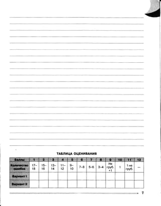 ТАБЛИЦА ОЦЕНИВАНИЯ
Баллы 1 2 3 4 5 6 7 8 9 10 11 12
Количество
ошибок
17-
18
15-
16
13-
14
11-
12
9-
10
7-8 5-6 3-4
Не
груб.
+1
1
1 не
груб.
—
Вариант 1
Вариант II
 