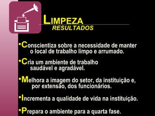 C onscientiza sobre a necessidade de manter o local de trabalho limpo e arrumado. C ria um ambiente de trabalho saudável e agradável. M elhora a imagem do setor, da instituição e, por extensão, dos funcionários. I ncrementa a qualidade de vida na instituição. P repara o ambiente para a quarta fase. L IMPEZA RESULTADOS 