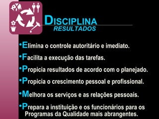 E limina o controle autoritário e imediato. F acilita a execução das tarefas. P ropicia resultados de acordo com o planejado. P ropicia o crescimento pessoal e profissional. RESULTADOS M elhora os serviços e as relações pessoais. P repara a instituição e os funcionários para os Programas da Qualidade mais abrangentes. D ISCIPLINA 