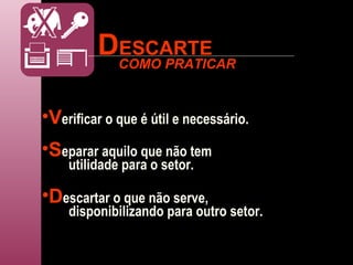 D ESCARTE V erificar o que é útil e necessário. S eparar aquilo que não tem utilidade para o setor. D escartar o que não serve, disponibilizando para outro setor. COMO PRATICAR 