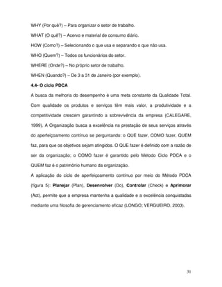 31
WHY (Por quê?) – Para organizar o setor de trabalho.
WHAT (O quê?) – Acervo e material de consumo diário.
HOW (Como?) – Selecionando o que usa e separando o que não usa.
WHO (Quem?) – Todos os funcionários do setor.
WHERE (Onde?) – No próprio setor de trabalho.
WHEN (Quando?) – De 3 a 31 de Janeiro (por exemplo).
4.4- O ciclo PDCA
A busca da melhoria do desempenho é uma meta constante da Qualidade Total.
Com qualidade os produtos e serviços têm mais valor, a produtividade e a
competitividade crescem garantindo a sobrevivência da empresa (CALEGARE,
1999). A Organização busca a excelência na prestação de seus serviços através
do aperfeiçoamento contínuo se perguntando: o QUE fazer, COMO fazer, QUEM
faz, para que os objetivos sejam atingidos. O QUE fazer é definido com a razão de
ser da organização; o COMO fazer é garantido pelo Método Ciclo PDCA e o
QUEM faz é o patrimônio humano da organização.
A aplicação do ciclo de aperfeiçoamento contínuo por meio do Método PDCA
(figura 5): Planejar (Plan), Desenvolver (Do), Controlar (Check) e Aprimorar
(Act), permite que a empresa mantenha a qualidade e a excelência conquistadas
mediante uma filosofia de gerenciamento eficaz (LONGO; VERGUEIRO, 2003).
 