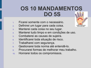 OS 10 MANDAMENTOS  DO 5S Ficarei somente com o necessário. Definirei um lugar para cada coisa. Manterei cada coisa no seu lugar. Manterei tudo limpo e em condições de uso. Combaterei as causas de sujeira. Identificarei toda situação de risco. Trabalharei com segurança. Qestionarei toda norma até entendê-lo. Procurarei formas de melhorar meu trabalho. Honrarei todos os compromissos. 