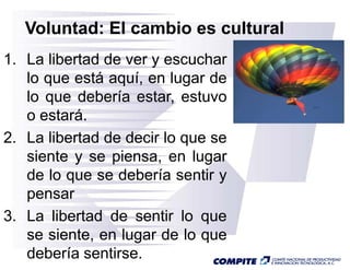 Voluntad: El cambio es cultural
1. La libertad de ver y escuchar
   lo que está aquí, en lugar de
   lo que debería estar, estuvo
      q                  ,
   o estará.
2.
2 La libertad de decir lo que se
   siente y se piensa, en lugar
   de lo que se debería sentir y
   p
   pensar
3. La libertad de sentir lo que
   se siente en lugar de lo que
       siente,
   debería sentirse.
 