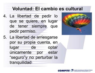 Voluntad: El cambio es cultural
4. La libertad de pedir lo
   que se quiere, en lugar
   de tener siempre que
                    p   q
   pedir permiso.
5.
5 La libertad de arriesgarse
   por su propia cuenta, en
   lugar       de      optar
   únicamente por estar
                  p
   “seguro”y no perturbar la
   tranquilidad
 