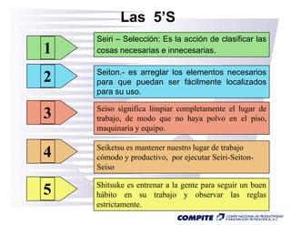 Las 5’S
    Seiri – Selección: Es la acción de clasificar las
1   cosas necesarias e innecesarias.

    Seiton.- es arreglar los elementos necesarios
2   p
    para que puedan ser fácilmente localizados
          q    p
    para su uso.

    Seiso significa limpiar completamente el lugar de
            g          p       p               g
3   trabajo, de modo que no haya polvo en el piso,
    maquinaria y equipo.

    Seiketsu es mantener nuestro lugar de trabajo
4   cómodo y productivo, por ejecutar Seiri-Seiton-
    Seiso

    Shitsuke es entrenar a la gente para seguir un buen
5   hábito en su trabajo y observar las reglas
    estrictamente.
 