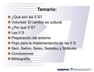 Temario:
¿
¿Qué son las 5´S?
Voluntad: El cambio es cultural
¿Por qué 5´S?
           5 S?
Las 5´S
Preparación del entorno
Flujo p
   j para la implementación de las 5´S
                p
Seiri, Seiton, Seiso, Seiketsu y Shitsuke
Conclusiones
Bibliografía
 
