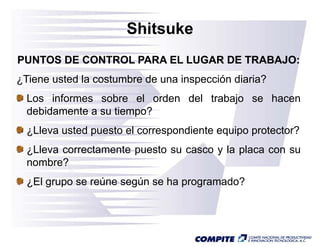 Shitsuke
PUNTOS DE CONTROL PARA EL LUGAR DE TRABAJO:
¿Tiene usted la costumbre de una inspección diaria?
  Los informes sobre el orden del trabajo se hacen
  debidamente a su tiempo?
  ¿Lleva usted puesto el correspondiente equipo protector?
  ¿Lleva correctamente puesto su casco y la placa con su
  ¿                    p                    p
  nombre?
  ¿El grupo se reúne según se ha programado?
 