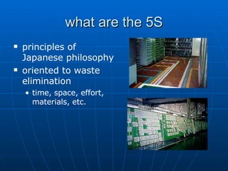 what are the 5S principles of Japanese philosophy oriented to waste elimination time, space, effort, materials, etc. 