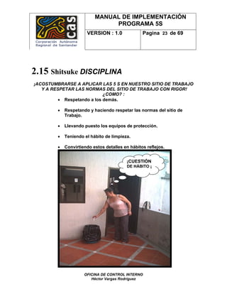 MANUAL DE IMPLEMENTACIÓN
                                PROGRAMA 5S
                       VERSION : 1.0              Pagina 23 de 69




2.15 Shitsuke DISCIPLINA
¡ACOSTUMBRARSE A APLICAR LAS 5 S EN NUESTRO SITIO DE TRABAJO
   Y A RESPETAR LAS NORMAS DEL SITIO DE TRABAJO CON RIGOR!
                             ¿COMO? :
          • Respetando a los demás.

         •   Respetando y haciendo respetar las normas del sitio de
             Trabajo.

         •   Llevando puesto los equipos de protección.

         •   Teniendo el hábito de limpieza.

         •   Convirtiendo estos detalles en hábitos reflejos.


                                          ¡CUESTIÓN
                                          DE HÁBITO ¡




                      OFICINA DE CONTROL INTERNO
                         Héctor Vargas Rodríguez
 