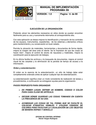 MANUAL DE IMPLEMENTACIÓN
                                     PROGRAMA 5S
                            VERSION : 1.0               Pagina 15 de 69




                   EJECUCIÓN DE LA ORGANIZACIÓN

Pretende ubicar los elementos necesarios en sitios donde se puedan encontrar
fácilmente para su uso y nuevamente retornarlos al correspondiente sitio.

Con esta aplicación se desea mejorar la identificación y marcación de los controles
de los equipos, instrumentos, expedientes, de los sistemas y elementos críticos
para mantenimiento y su conservación en buen estado.

Permite la ubicación de materiales, herramientas y documentos de forma rápida,
mejora la imagen del área ante el cliente “da la impresión de que las cosas se
hacen bien”, mejora el control de stocks de repuestos y materiales, mejora la
coordinación para la ejecución de trabajos.

En la oficina facilita los archivos y la búsqueda de documentos, mejora el control
visual de las carpetas y la eliminación de la perdida de tiempo de acceso a la
información.

Orden y estandarización:

El orden es la esencia de la estandarización, un sitio de trabajo debe estar
completamente ordenado antes de aplicar cualquier tipo de estandarización.

La estandarización significa crear un modo consistente de realización de tareas y
procedimientos, a continuación se entregaran ayudas para la organización.

PASOS PROPUESTO PARA ORGANIZAR:

      •   EN PRIMER LUGAR, DEFINIR UN NOMBRE, CODIGO O COLOR
          PARA CADA CLASE DE ARTÍCULO.

      •   DECIDIR DÓNDE GUARDAR LAS COSAS TOMANDO EN CUENTA
          LA FRECUENCIA DE SU USO.

      •   ACOMODAR LAS COSAS DE TAL FORMA QUE SE FACILITE EL
          COLOCAR ETIQUETAS VISIBLES Y UTILIZAR CÓDIGOS DE
          COLORES PARA FACILITAR LA LOCALIZACIÓN DE LOS OBJETOS
          DE MANERA RÁPIDA Y SENCILLA


                          OFICINA DE CONTROL INTERNO
                             Héctor Vargas Rodríguez
 