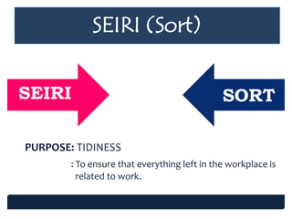 SEIRI SORT
PURPOSE: TIDINESS
: To ensure that everything left in the workplace is
related to work.
SEIRI (Sort)
 