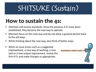 SHITSUKE (Sustain)
How to sustain the 4s:
 Maintain and review standards. Once the previous 4 S's have been
established, they become the new way to operate.
 Maintain focus on this new way and do not allow a gradual decline back
to the old ways.
 While thinking about the new way, also think of better ways.
 When an issue arises such as a suggested
improvement, a new way of working, a new
tool or a new output requirement, review the
first 4 S's and make changes as appropriate.
 
