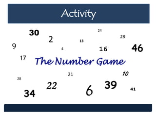 Activity
9
17
28
2
21
13
6
24
4 16
10
29
22
34
30
39 41
The Number Game
46
 