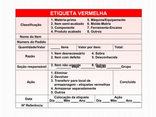 ETIQUETA VERMELHA
1. Matéria-prima 5. Máquina/Equipamento
2. Item semi-acabado 6. Molde-Matriz
3. Componente 7. Ferramenta-Encaixe
4. Produto acabado 8. Outros
_____ itens Valor por item: Total:
1. Item desnecessário 4. Sobra
2. Item com defeito 5. Desconhecida
3. Item não urgente 6. Outras________ Dept. ________ Seção ________Grupo
1. Eliminar
2. Devolver
3. Transferir para local de
armazenagem - etiquetas vermelhas
4. Armazenar separadamente
5. Outros
Classificação
Nome do Item
Número do Pedido
Quantidade/Valor
Razão
Seção responsável
Ação
Data
Nº Referência
Concluído
Colocação da etiqueta
Dia ____ Mês ____ Ano ____
Ação
Dia ____ Mês ____ Ano ____
 
