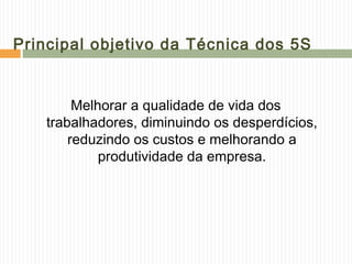 Principal objetivo da Técnica dos 5S
Melhorar a qualidade de vida dos
trabalhadores, diminuindo os desperdícios,
reduzindo os custos e melhorando a
produtividade da empresa.
 
