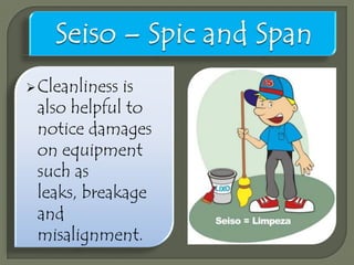  Cleanliness

is
also helpful to
notice damages
on equipment
such as
leaks, breakage
and
misalignment.

 