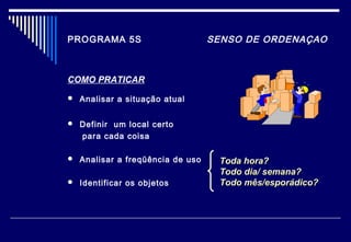 PROGRAMA 5S SENSO DE ORDENAÇAO
COMO PRATICAR
 Analisar a situação atual
 Definir um local certo
para cada coisa
 Analisar a freqüência de uso
 Identificar os objetos
Toda hora?Toda hora?
Todo dia/ semana?Todo dia/ semana?
Todo mês/esporádico?Todo mês/esporádico?
 