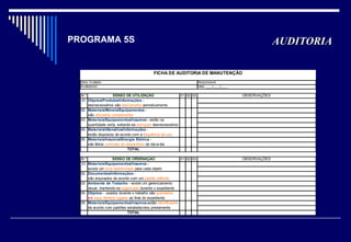 PROGRAMA 5S
Setor Avaliado: Responsável:
Avaliadores: Data: ____/____/____
N.º SENSO DE UTILIZAÇÃO 01 02 03 OBSERVAÇÕES
01 Objetos/Produtos/Informações -
desnecessários são descartados periodicamente
02 Materiais/Móveis/Equipamentos -
são utilizados corretamente
03 Materiais/Equipamentos/Insumos - estão na
quantidade certa, evitando-se estoques desnecessários
04 Materiais/Utensílios/Informações -
estão dispostos de acordo com a frequência de uso
05 Materiais/Insumos/Energia Elétrica -
são feitos controles do desperdício do dia-a-dia
TOTAL
N.º SENSO DE ORDENAÇÃO 01 02 03 OBSERVAÇÕES
01 Materiais/Equipamentos/Insumos -
existe um local determinado para cada objeto
02 Documentos/Informações -
são arquivados de acordo com um padrão definido
03 Ambiente de Trabalho - existe um gerenciamento
visual, mantendo-se organizado durante o expediente
04 Objetos - usados durante o trabalho são guardados
em seus devidos lugares ao final do expediente
05 Materiais/Equipamentos/Insumos-estão identificados
de acordo com padrões estabelecidos previamente
TOTAL
FICHA DE AUDITORIA DE MANUTENÇÃO
AUDITORIAAUDITORIA
 