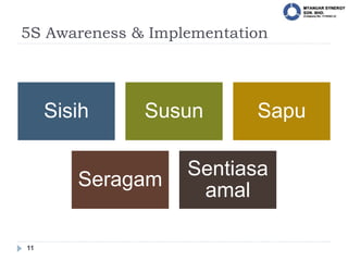 5S Awareness & Implementation
11
Sisih Susun Sapu
Seragam
Sentiasa
amal
 