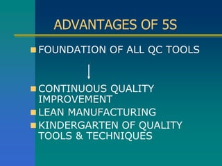 ADVANTAGES OF 5S
 FOUNDATION OF ALL QC TOOLS
 CONTINUOUS QUALITY
IMPROVEMENT
 LEAN MANUFACTURING
 KINDERGARTEN OF QUALITY
TOOLS & TECHNIQUES
 