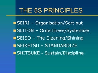 THE 5S PRINCIPLES
 SEIRI – Organisation/Sort out
 SEITON – Orderliness/Systemize
 SEISO – The Cleaning/Shining
 SEIKETSU – STANDARDIZE
 SHITSUKE - Sustain/Discipline
 