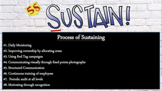 Process of Sustaining
#1. Daily Monitoring
#2. Improving ownership by allocating areas
#3. Using Red Tag campaigns
#4. Communicating visually through fixed points photographs
#5. Structured Communication
#6. Continuous training of employees
#7. Periodic audit at all levels
#8. Motivating through recognition
 