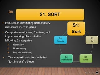 S1: SORT
• Focuses on eliminating unnecessary
items from the workplace
• Categorize equipment, furniture, tool
in your working place into the
following 3 categories
1. Necessary
2. Unnecessary
3. May not necessary
• This step will also help with the
“just in case” attitude
S1:
Sort
S2:
Set
S3:
Shine
S4:
Standardize
S5:
Sustain
22
Back to main
 