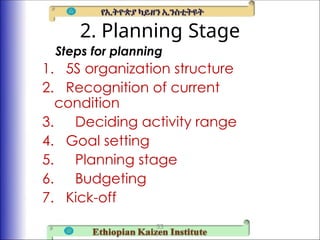 2. Planning Stage
1. 5S organization structure
2. Recognition of current
condition
3. Deciding activity range
4. Goal setting
5. Planning stage
6. Budgeting
7. Kick-off
33
Steps for planning
 