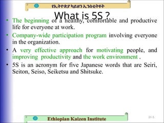 What is 5S ?
• The beginning of a healthy, comfortable and productive
life for everyone at work.
• Company-wide participation program involving everyone
in the organization.
• A very effective approach for motivating people, and
improving productivity and the work environment .
• 5S is an acronym for five Japanese words that are Seiri,
Seiton, Seiso, Seiketsu and Shitsuke.
01-5
 