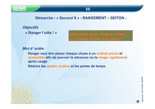 Méthode
5S
–
CRITT
Chimie
–
22fev20
05
5S
Démarche - « Second S » - RANGEMENT – SEITON -
Objectifs
« Ranger l’utile ! »
Mot d ’ordre
Ranger veut dire placer chaque chose à un endroit précis et
accessible afin de pouvoir la retrouver ou la ranger rapidement
après usage
Réduire les gestes inutiles et les pertes de temps
Une place pour chaque chose …
et chaque chose à sa place !
16
 