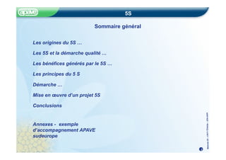 Méthode
5S
–
CRITT
Chimie
–
22fev20
05
5S
2
Sommaire général
Les origines du 5S …
Les 5S et la démarche qualité …
Les bénéfices générés par le 5S …
Les principes du 5 S
Démarche …
Mise en œuvre d’un projet 5S
Conclusions
Annexes - exemple
d’accompagnement APAVE
sudeurope
 