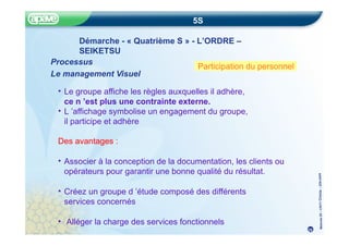 Méthode
5S
–
CRITT
Chimie
–
22fev20
05
5S
Démarche - « Quatrième S » - L’ORDRE –
SEIKETSU
29
Processus
Le management Visuel
Participation du personnel
• Le groupe affiche les règles auxquelles il adhère,
ce n ’est plus une contrainte externe.
• L ’affichage symbolise un engagement du groupe,
il participe et adhère
Des avantages :
• Associer à la conception de la documentation, les clients ou
opérateurs pour garantir une bonne qualité du résultat.
• Créez un groupe d ’étude composé des différents
services concernés
• Alléger la charge des services fonctionnels
 