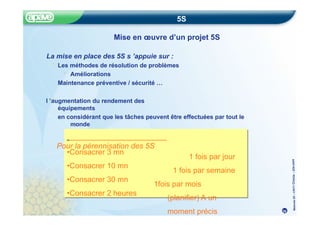 Méthode
5S
–
CRITT
Chimie
–
22fev20
05
5S
Mise en œuvre d’un projet 5S
Pour la pérennisation des 5S
•Consacrer 3 mn 1 fois par jour
•Consacrer 10 mn 1 fois par semaine
•Consacrer 30 mn 1fois par mois (planifier)
•Consacrer 2 heures A un moment précis
La mise en place des 5S s ’appuie sur :
Les méthodes de résolution de problèmes
Améliorations
Maintenance préventive / sécurité …
l ’augmentation du rendement des
équipements
en considérant que les tâches peuvent être effectuées par tout le
monde
Pour la pérennisation des 5S
•Consacrer 3 mn
•Consacrer 10 mn
•Consacrer 30 mn
•Consacrer 2 heures
36
1 fois par jour
1 fois par semaine
1fois par mois
(planifier) A un
moment précis
 