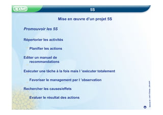 Méthode
5S
–
CRITT
Chimie
–
22fev20
05
5S
Mise en œuvre d’un projet 5S
Promouvoir les 5S
Répertorier les activités
Planifier les actions
Editer un manuel de
recommandations
Exécuter une tâche à la fois mais l ’exécuter totalement
Favoriser le management par l ’observation
Rechercher les causes/effets
Evaluer le résultat des actions
39
 