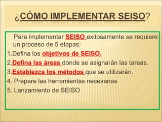 Para implementar SEISO exitosamente se requiere
  un proceso de 5 etapas:
1.Defina los objetivos de SEISO.
2.Defina las áreas donde se asignarán las tareas.
3.Establezca los métodos que se utilizarán.
4. Prepare las herramientas necesarias
5. Lanzamiento de SEISO
 