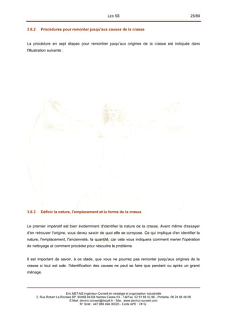 LES 5S 25/80
3.6.2 Procédures pour remonter jusqu'aux causes de la crasse
La procédure en sept étapes pour remontrer jusqu'aux origines de la crasse est indiquée dans
l'illustration suivante :
3.6.3 Définir la nature, l'emplacement et la forme de la crasse
Le premier impératif est bien évidemment d'identifier la nature de la crasse. Avant même d'essayer
d'en retrouver l'origine, vous devez savoir de quoi elle se compose. Ce qui implique d'en identifier la
nature, l'emplacement, l'ancienneté, la quantité, car cela vous indiquera comment mener l'opération
de nettoyage et comment procéder pour résoudre le problème.
Il est important de savoir, à ce stade, que vous ne pourrez pas remonter jusqu'aux origines de la
crasse si tout est sale. I'identification des causes ne peut se faire que pendant ou après un grand
ménage.
Eric METAIS Ingénieur-Conseil en stratégie et organisation industrielle
2, Rue Robert Le Ricolais BP. 60468 44304 Nantes Cedex 03 - Tél/Fax. 02 51 89 02 66 - Portable. 06 24 88 48 06
E.Mail. devinci.conseil@tiscali.fr - Site. www.devinci-conseil.com
N° Siret : 447 988 494 00020 - Code APE : 741G
 
