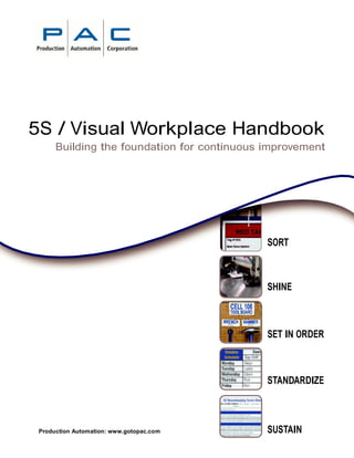 5S / Visual Workplace Handbook
      Building the foundation for continuous improvement




                                             SORT



                                             SHINE



                                             SET IN ORDER



                                             STANDARDIZE



 Production Automation: www.gotopac.com      SUSTAIN
 