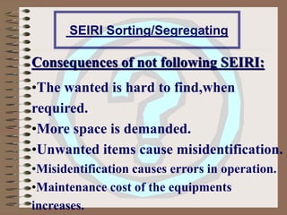 Consequences of not following SEIRI:
•The wanted is hard to find,when
required.
•More space is demanded.
•Unwanted items cause misidentification.
•Misidentification causes errors in operation.
•Maintenance cost of the equipments
increases.
SEIRI Sorting/Segregating
 