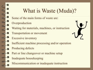 What is Waste (Muda)?
Some of the main forms of waste are:
Overproduction
Waiting for materials, machines, or instruction
Transportation or movement
Excessive inventory
Inefficient machine processing and/or operation
Producing defects
Part or line changeover or machine setup
Inadequate housekeeping
Miscommunication or inadequate instruction
 