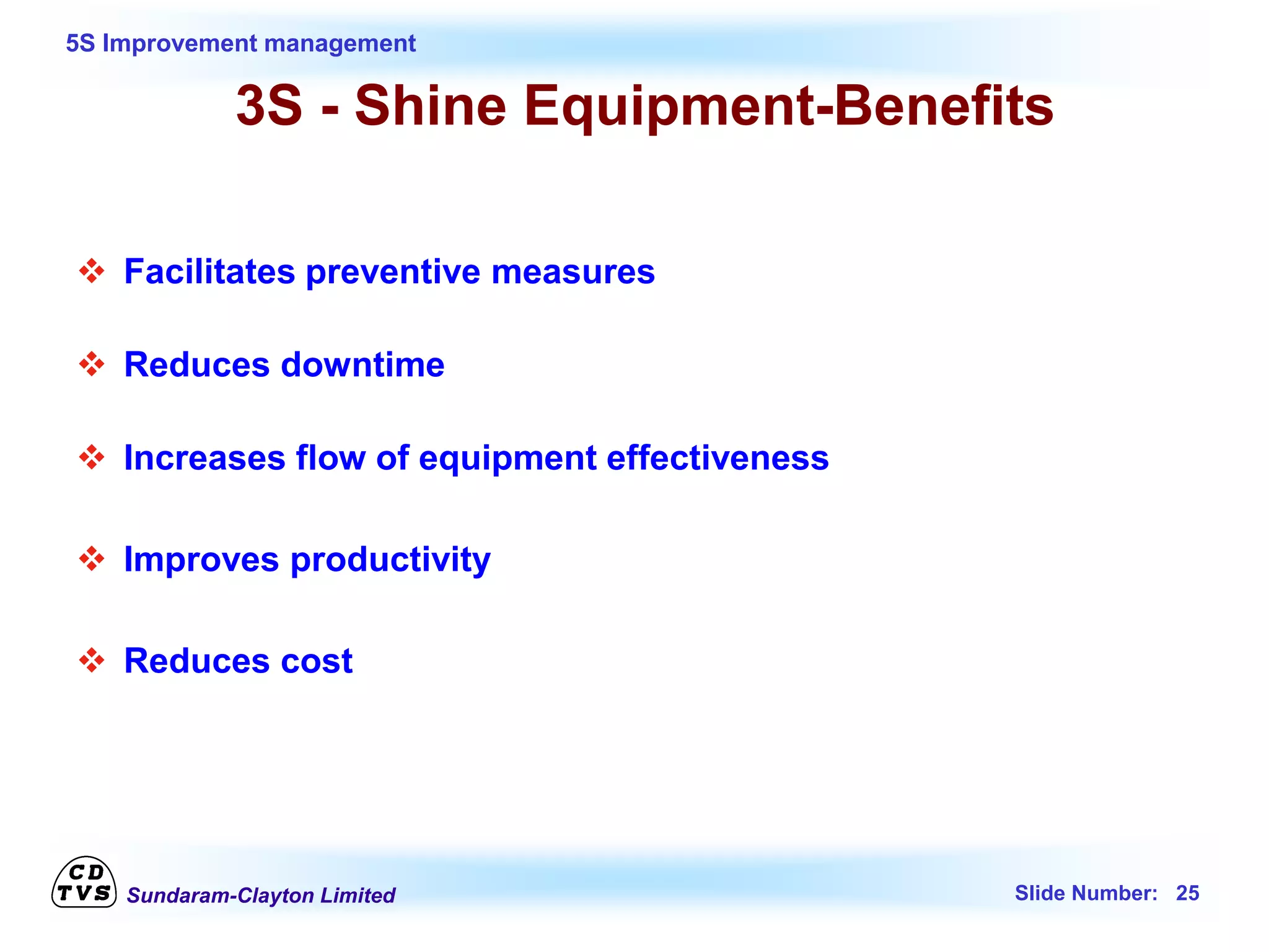 Sundaram-Clayton Limited Slide Number: 25
5S Improvement management
3S - Shine Equipment-Benefits
 Facilitates preventive measures
 Reduces downtime
 Increases flow of equipment effectiveness
 Improves productivity
 Reduces cost
 