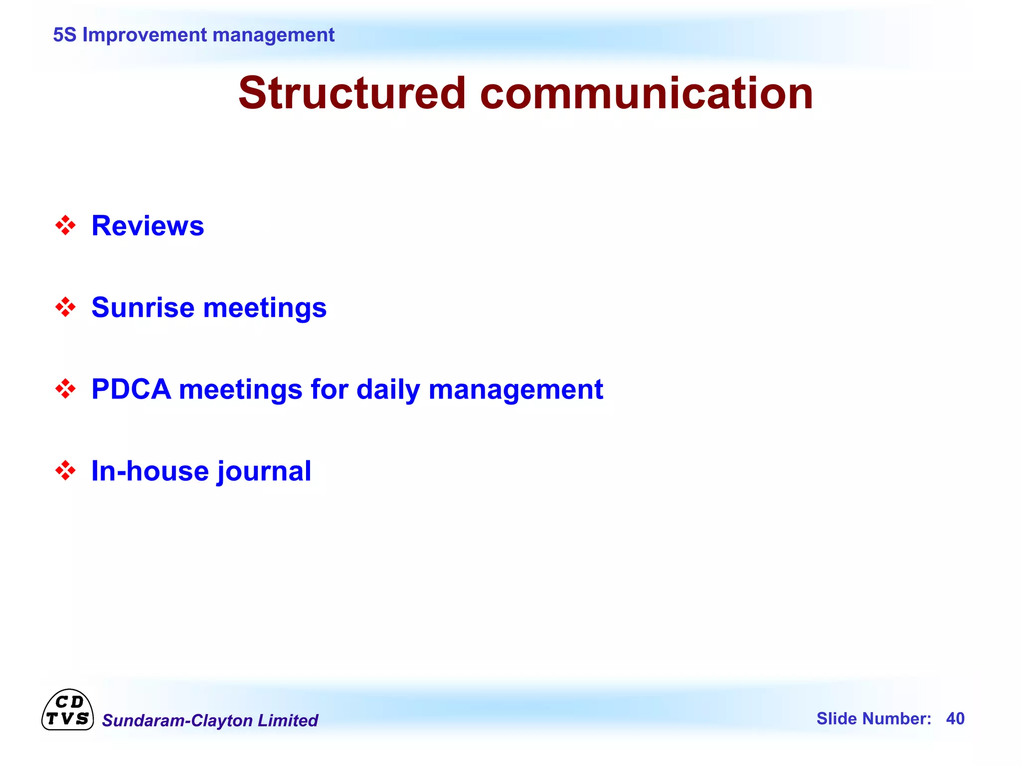 Sundaram-Clayton Limited Slide Number: 40
5S Improvement management
Structured communication
 Reviews
 Sunrise meetings
 PDCA meetings for daily management
 In-house journal
 