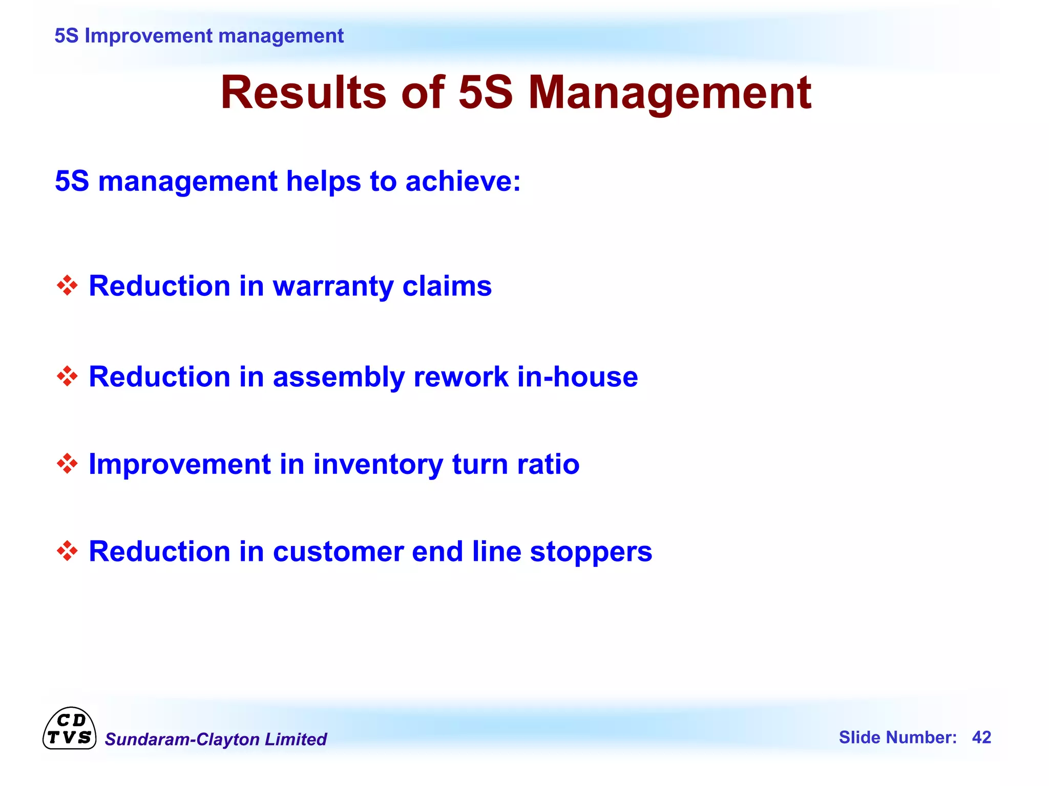 Sundaram-Clayton Limited Slide Number: 42
5S Improvement management
Results of 5S Management
5S management helps to achieve:
 Reduction in warranty claims
 Reduction in assembly rework in-house
 Improvement in inventory turn ratio
 Reduction in customer end line stoppers
 