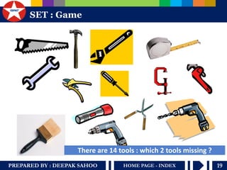 PREPARED BY : DEEPAK SAHOO HOME PAGE - INDEX 19 
S ET : Game 
There are 14 tools : which 2 tools missing ? 
 