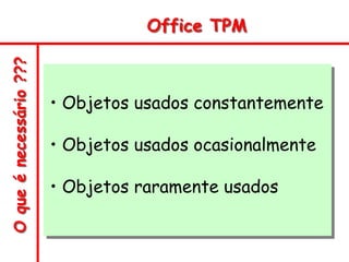 O
que
é
necessário
??? Office TPM
• Objetos usados constantemente
• Objetos usados ocasionalmente
• Objetos raramente usados
 