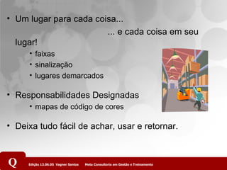 Um lugar para cada coisa... ... e cada coisa em seu lugar! faixas sinalização lugares demarcados Responsabilidades Designadas mapas de código de cores Deixa tudo fácil de achar, usar e retornar. 