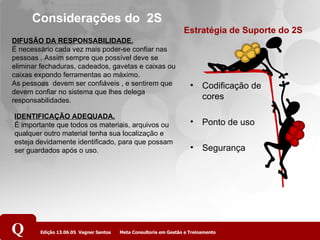 DIFUSÃO DA RESPONSABILIDADE. É necessário cada vez mais poder-se confiar nas pessoas . Assim sempre que possível deve se eliminar fechaduras, cadeados, gavetas e caixas ou caixas expondo ferramentas ao máximo. As pessoas  devem ser confiáveis , e sentirem que devem confiar no sistema que lhes delega responsabilidades. IDENTIFICAÇÃO ADEQUADA. É importante que todos os materiais, arquivos ou qualquer outro material tenha sua localização e esteja devidamente identificado, para que possam ser guardados após o uso. Considerações do  2S Codificação de cores Ponto de uso Segurança Estratégia de Suporte do 2S 