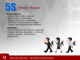 5S Definição:   Comprometer-se com normas e padrões morais e técnicos, buscando a melhoria contínua pessoal , profissional e empresarial.  Procedimento:  -Compartilhar visão e valores.  -Educar para a criatividade.  -Planejar com foco no processo.  -Melhorar a comunicação em geral.  -Treinar com empenho e persistência. Shitsuke  - Disciplina    